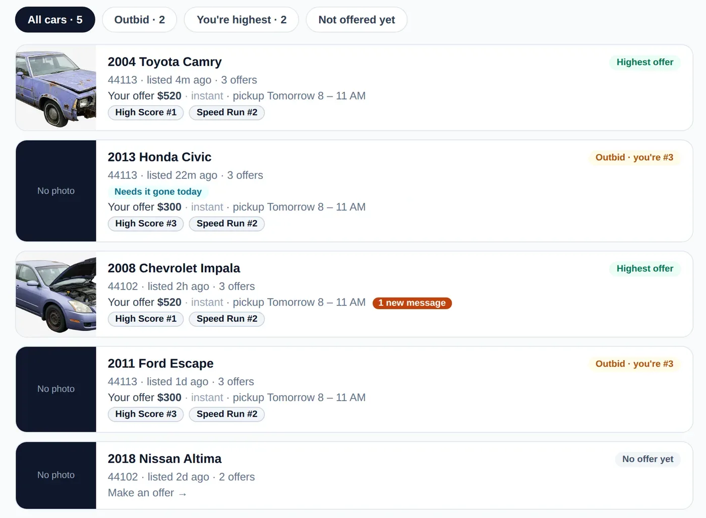 The Cars for sale page, with each car's offer, rank and pickup time